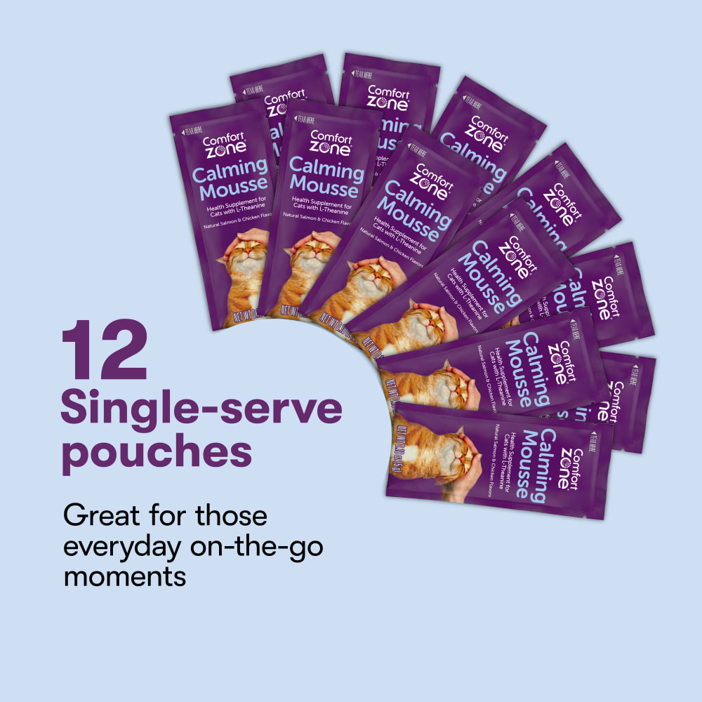 12 individual packs of Comfort Zone Calming Mousse fanned out with text highlighting use for everyday on-the-go moments 